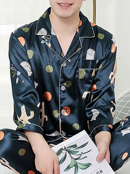 Grüner Cartoon-Druck Eisseide Glatte dünne Revers Langarmhose Pyjamas-Sets günstig online kaufen