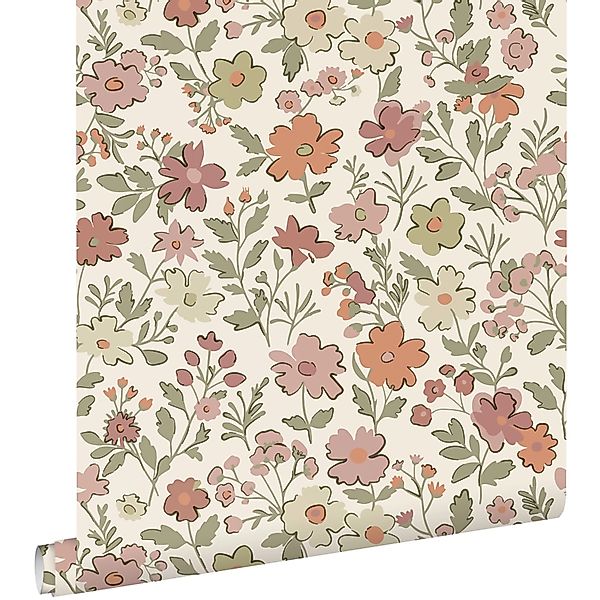 ESTAhome Tapete Blumen Terrakotta Grün und Weiß 50 x 900 cm günstig online kaufen