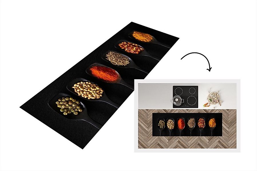 MuchoWow Küchenläufer Löffel - Gewürze - Schwarz - Gewürze - Rustikal, Rech günstig online kaufen