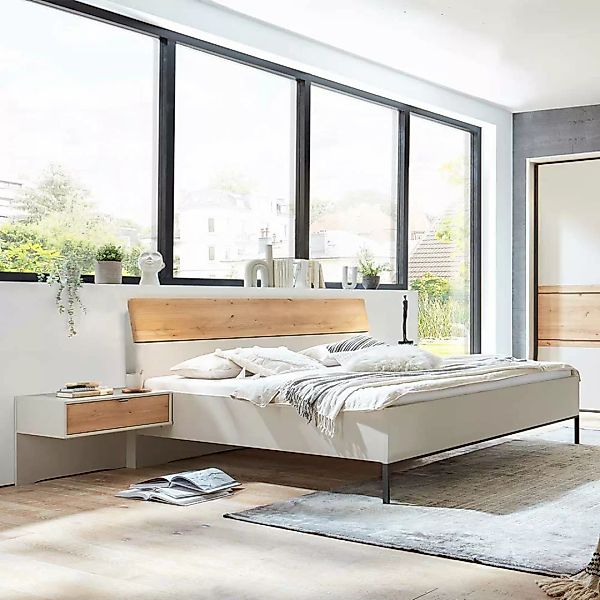 160 cm Doppelbett in Eiche Bianco und Beige Made in Germany günstig online kaufen