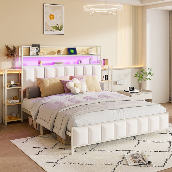 Flieks Metallbett, LED Kunstleder-Polsterbett Doppelbett 160x200cm günstig online kaufen