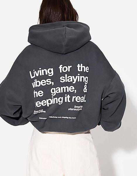 Bershka Hoodie Mit Print Damen 10-12 Dunkelgrau günstig online kaufen