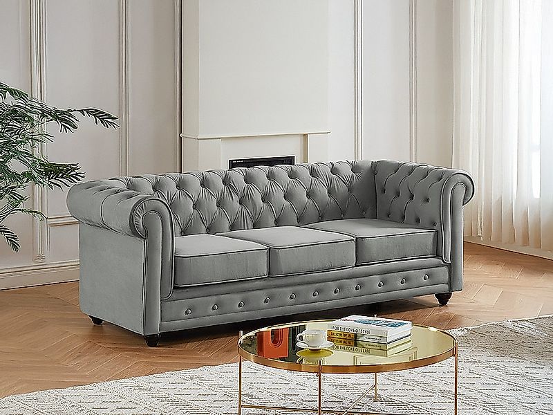 Sofa 3-Sitzer - Samt - Hellgrau - CHESTERFIELD günstig online kaufen