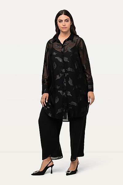 Ulla Popken Hemdbluse Longbluse Chiffon Metallic-Federn Hemdkragen günstig online kaufen