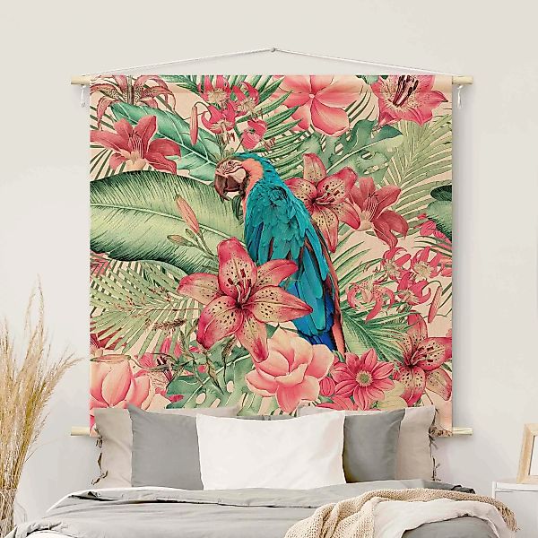 Wandteppich Blumenparadies tropischer Papagei günstig online kaufen