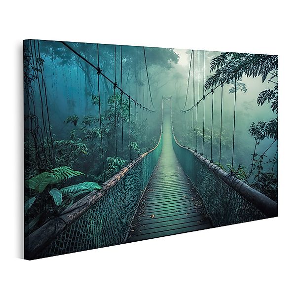 islandburner Leinwandbild Hängebrücke Grün Nebliger Dschungel günstig online kaufen