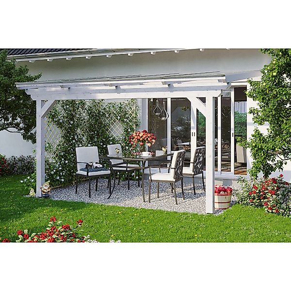 Skan Holz Terrassenüberdachung Ancona Leimholz Weiß 434 cm x 300 cm günstig online kaufen