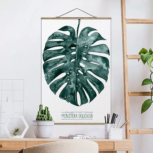 Stoffbild Blumen mit Posterleisten - Hochformat Smaragdgrüne Monstera Delic günstig online kaufen