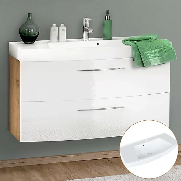 Badezimmer Waschtisch 100cm FLORIDO-03-OAK weiß Hochglanz mit Wotaneiche, B günstig online kaufen