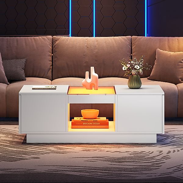Couchtisch weiß 100x50cm LED, App-Steuerung, Glasverkleidung, 2 Schubladen, günstig online kaufen