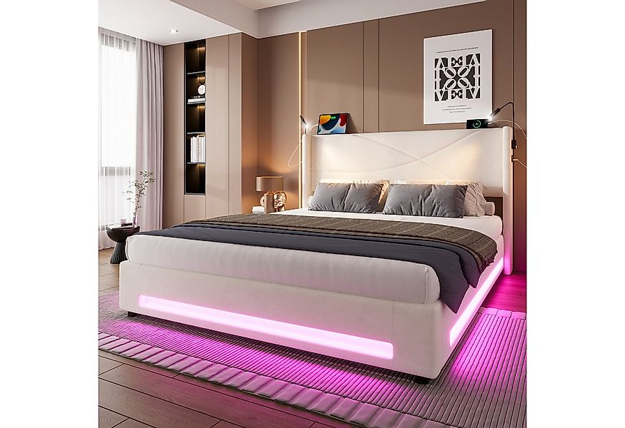 HAUSS SPOLE Polsterbett 140×200cm Doppelbett Jugendbett mit 2 Leselichtern günstig online kaufen