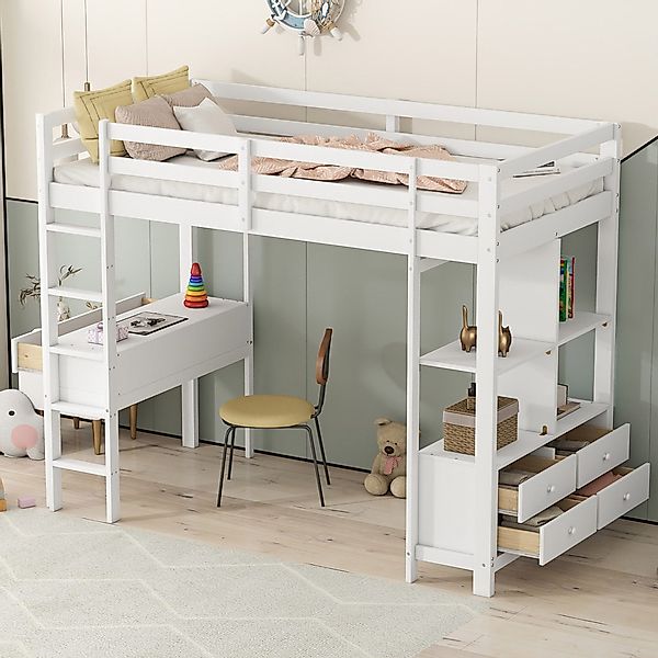 Flieks Hochbett Kiefer Kinderbett mit Schreibtisch günstig online kaufen