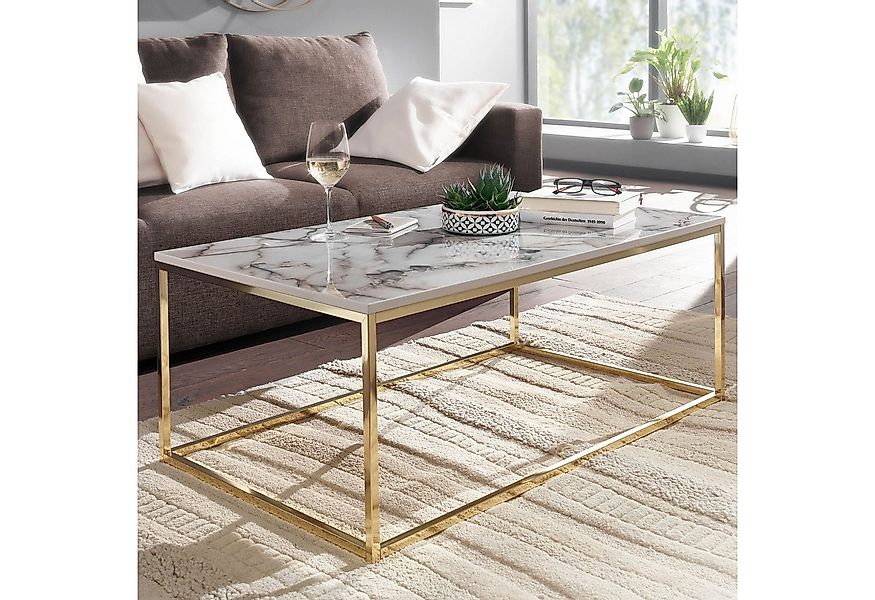 FINEBUY Couchtisch FB36840 100 cm rechteckig Marmor Optik Weiß / Gold Wohnz günstig online kaufen