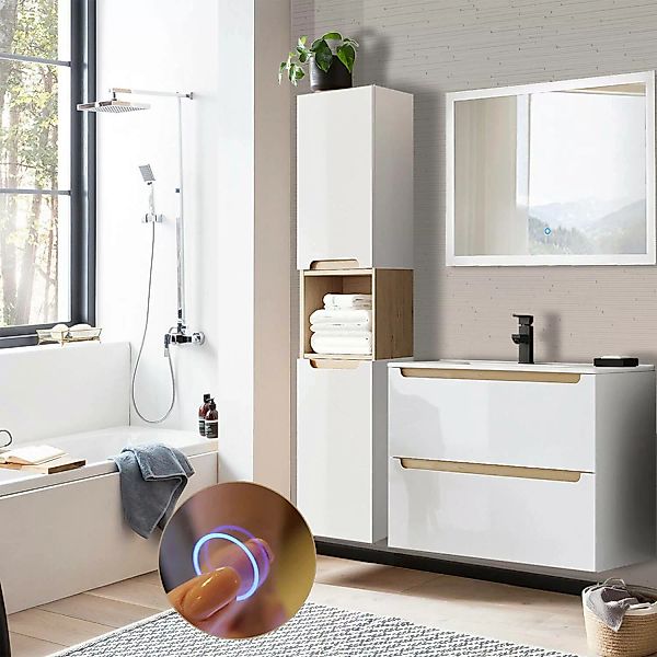 Badezimmermöbel Set Hochglanz weiß mit Trüffel-Buche SOFIA-107 Keramik-Wasc günstig online kaufen