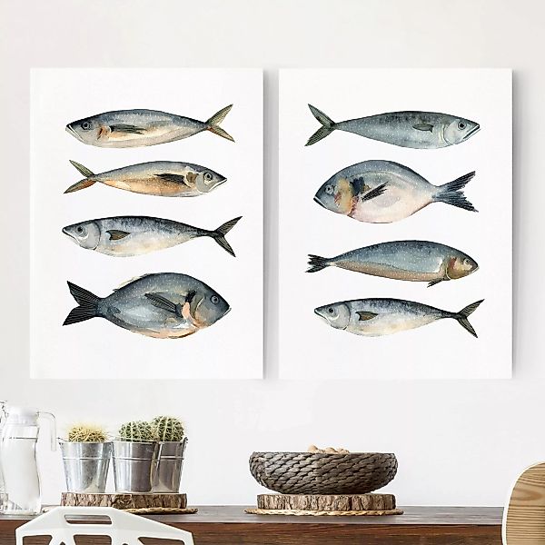 2-teiliges Leinwandbild Küche - Hochformat Acht Fische in Aquarell Set I günstig online kaufen