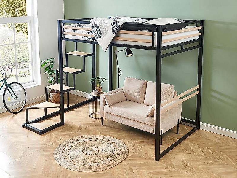 Hochbett - 140 x 200 cm - Metall & MDF - Naturfarben & Schwarz - JOGUI günstig online kaufen