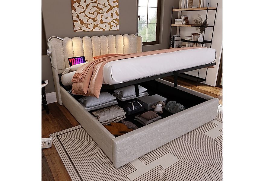 Flieks Polsterbett, Hydraulisches Stauraumbett mit Leselicht und Ladefunkti günstig online kaufen