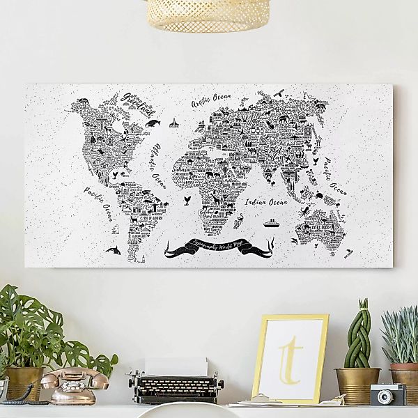 Leinwandbild Weltkarte - Querformat Typografie Weltkarte weiß günstig online kaufen