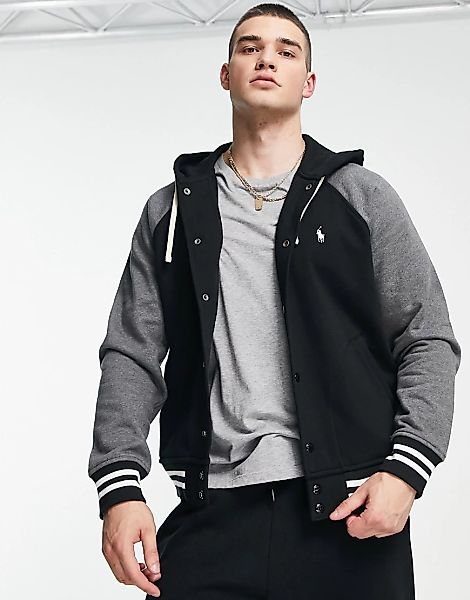 Polo Ralph Lauren – Baseball-Jacke aus Sweatshirtstoff in Schwarz/Kalkgrau günstig online kaufen