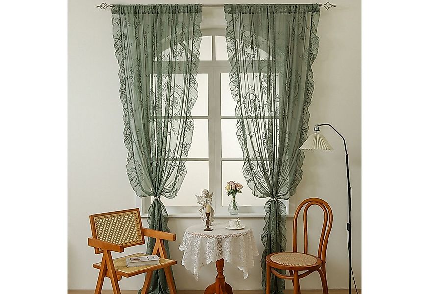 Refttenw Gardine Olivgrüne Spitzenvorhänge, Vintage Blumenstickerei Vorhang günstig online kaufen