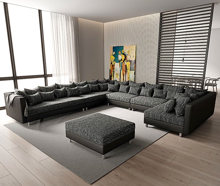 Wohnlandschaft Clovis XXL Schwarz Hocker Ottomane Links modular günstig online kaufen