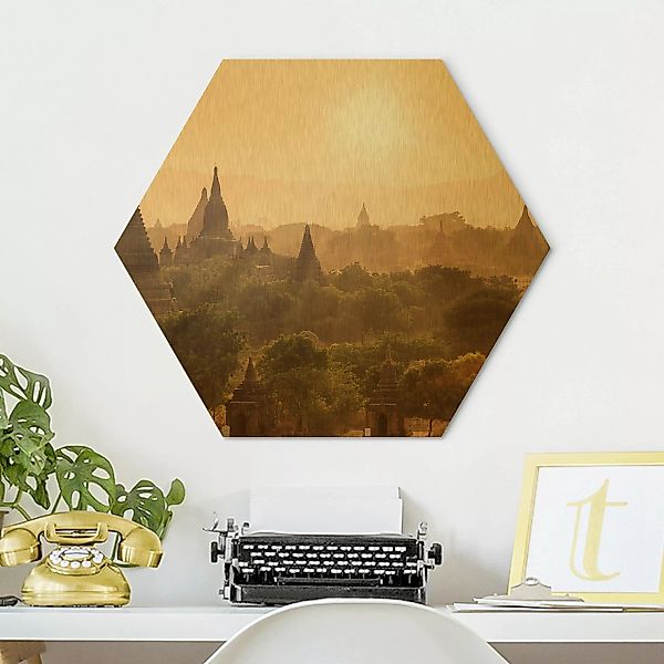 Hexagon-Alu-Dibond Bild Sonnenuntergang über Bagan günstig online kaufen