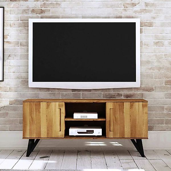 Fernseher Schrank aus Wildeiche Massivholz und Stahl Türen günstig online kaufen