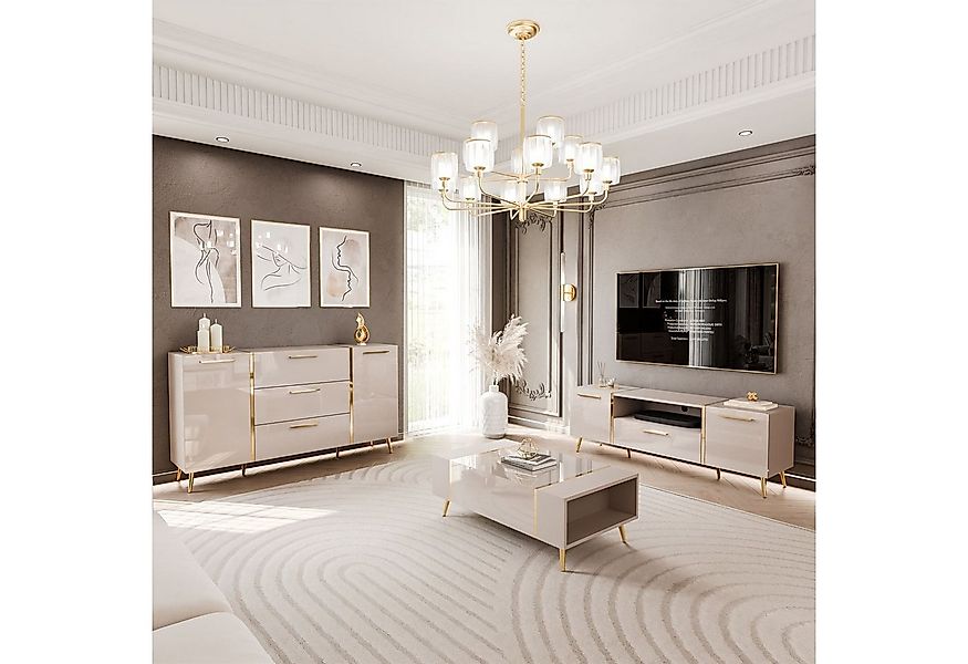 ALLHOUSE24 Wohnzimmer-Set DIAMANT Kaschmir Hochglanz GOLD Metallfüßen Wohnz günstig online kaufen