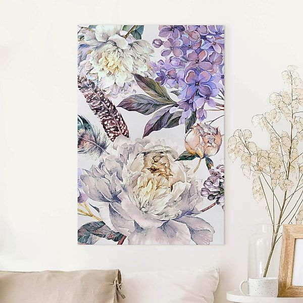 Leinwandbild Zartes Aquarell Boho Blüten und Federn Muster günstig online kaufen