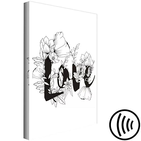 Wandbild Blühende Liebe - Schriftzug Liebe, umgeben von Blumen als Line-Art günstig online kaufen
