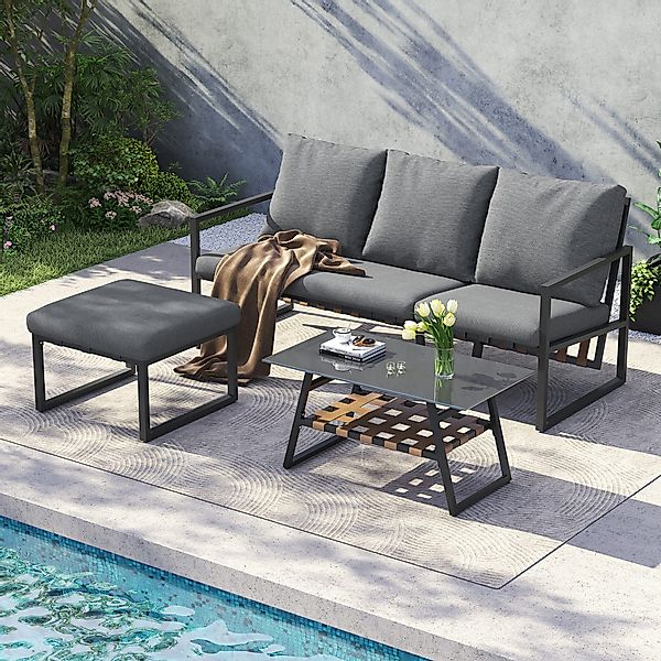 Merax Gartenlounge-Set mit Glastischplatte, (3-tlg., Sitzgruppe günstig online kaufen