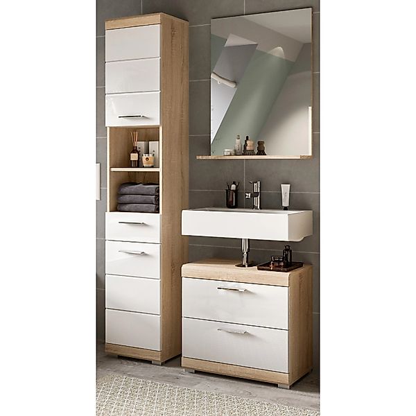 Inn.Furn Badmöbel Set 3-teilig 112 cm in Weiß Hochglanz und EicheMambo günstig online kaufen