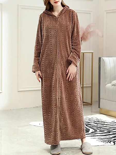 Plus Size Hooded Long Robe Gestreifter Flanell-Pyjama mit Reißverschluss vo günstig online kaufen