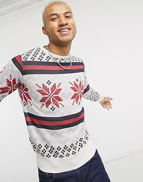 Le Breve – Weihnachtlicher Pullover mit Norwegermuster-Weiß günstig online kaufen