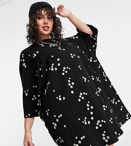 ASOS DESIGN Curve – T-Shirt-Kleid in Schwarz mit Oversize-Schnitt und durch günstig online kaufen