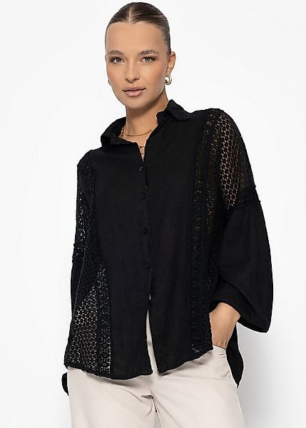 SASSYCLASSY Langarmbluse Leinen Bluse Damen mit Spitzeneinsätzen Oversize B günstig online kaufen