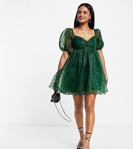 Lace & Beads – Exklusives, kurzes Babydoll-Kleid in Smaragdgrün mit Punkten günstig online kaufen