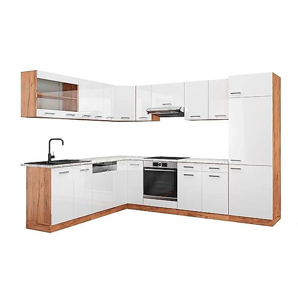 Vicco R-Line Eckküche Weiß Hochglanz/Goldkraft Eiche 227 x 287 cm AP Marmor günstig online kaufen