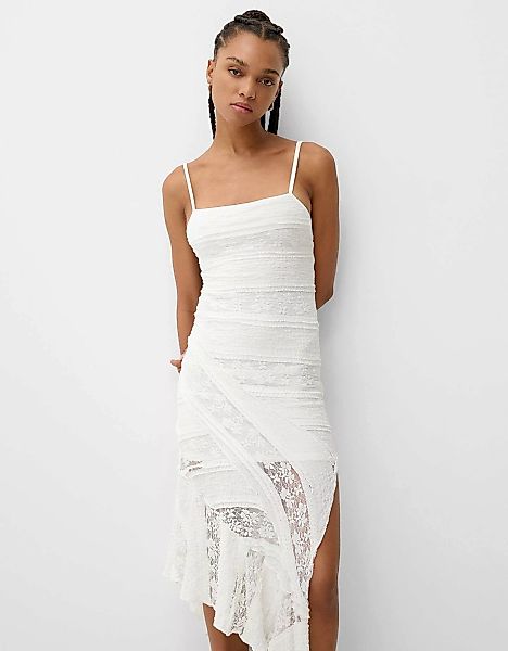 Bershka Midikleid Aus Spitze Mit Spitzenkante Damen Xs Rohweiß günstig online kaufen