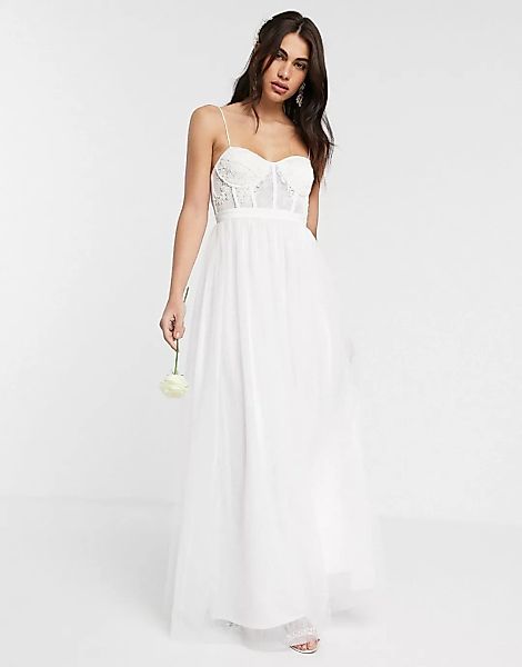 ASOS EDITION – Louisa – Hochzeitskleid mit Spitzenkorsett und Tüllrock-Weiß günstig online kaufen