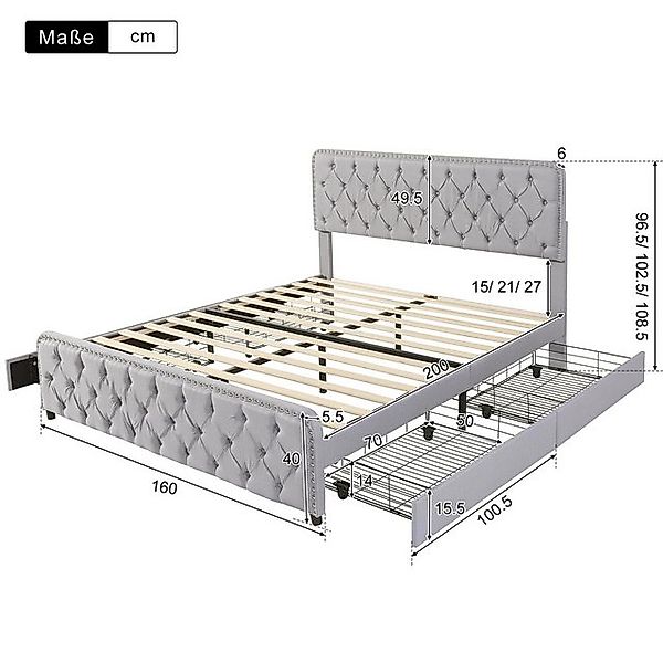 STILVORA Polsterbett 160×200 Doppelbett mit verstellbares Kopfteil,Bettgest günstig online kaufen