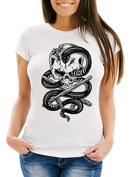 Neverless Print-Shirt Damen T-Shirt Totenkopf Schlange Skull Snake Slim Fit günstig online kaufen