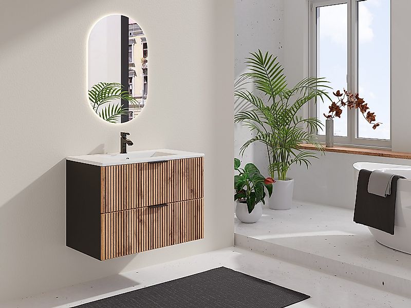 Waschbeckenunterschrank hängend - Streifenoptik - Holzfarben hell & Schwarz günstig online kaufen