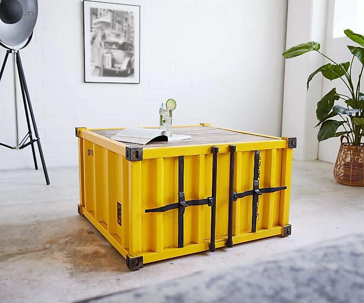 Couchtisch Container 86x86 cm Metall Mangoholz Gelb günstig online kaufen