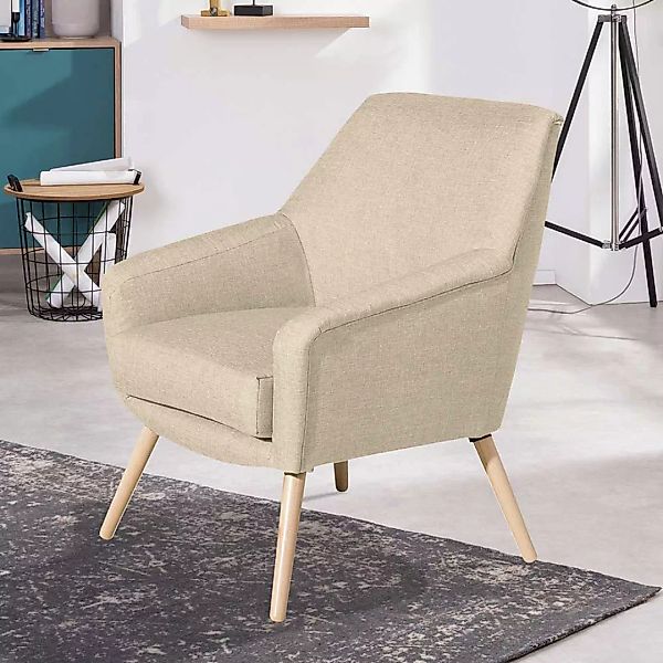 Wohnzimmer Sessel in Beige aus Flachgewebe Buche Massivholz günstig online kaufen
