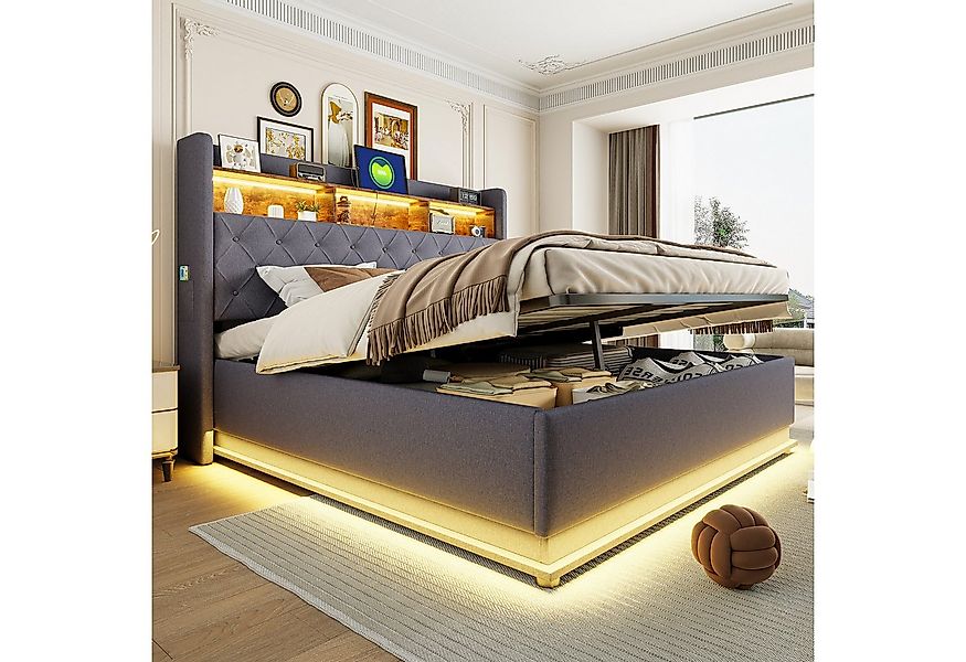 Merax Polsterbett mit LED-Leuchten und USB (1-tlg., Hydraulisches Stauraumb günstig online kaufen