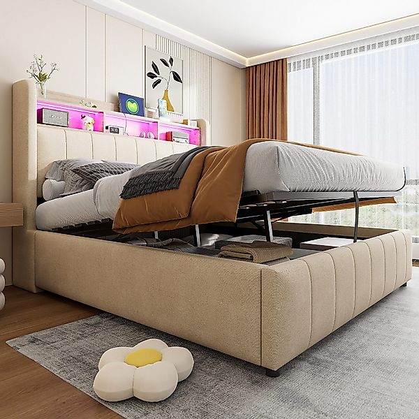 REDOM Polsterbett Doppelbett,Jugendbett,Gästebett,mit LED-Beleuchtung & USB günstig online kaufen