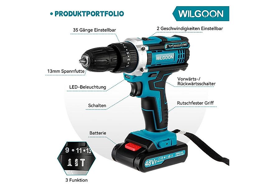 WILGOON Akku-Bohrschrauber Bohrmaschine mit 2000 mAh Doppelakku, 21 V Akkus günstig online kaufen