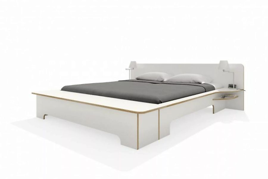 PLANE Doppelbett Weiß mit Birkenkante 140 x 210 cm mit Bettkasten günstig online kaufen