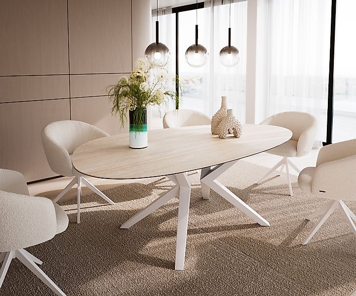 Esstisch Edge Oval 220x120 Keramik Laminam®Travertino Bianco Creme-Weiß? Ze günstig online kaufen